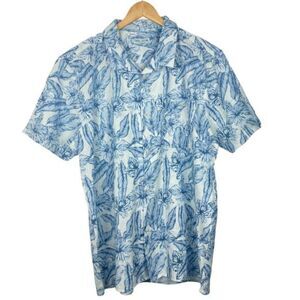 TENTH + Ocean Men's Blue White Floral Linen Blend Button Up Shirt  US XL